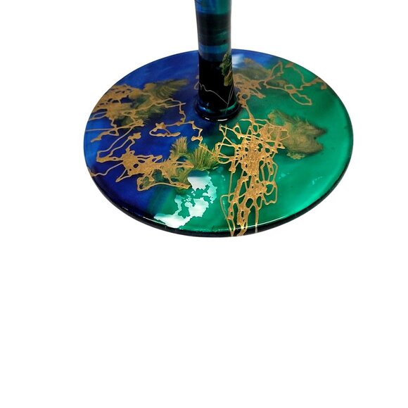 Monarch Crystal Lagoon Set 2 Hand Paint Wine Glasses Blue Green Gold Paint Loss - Picture 3 of 7